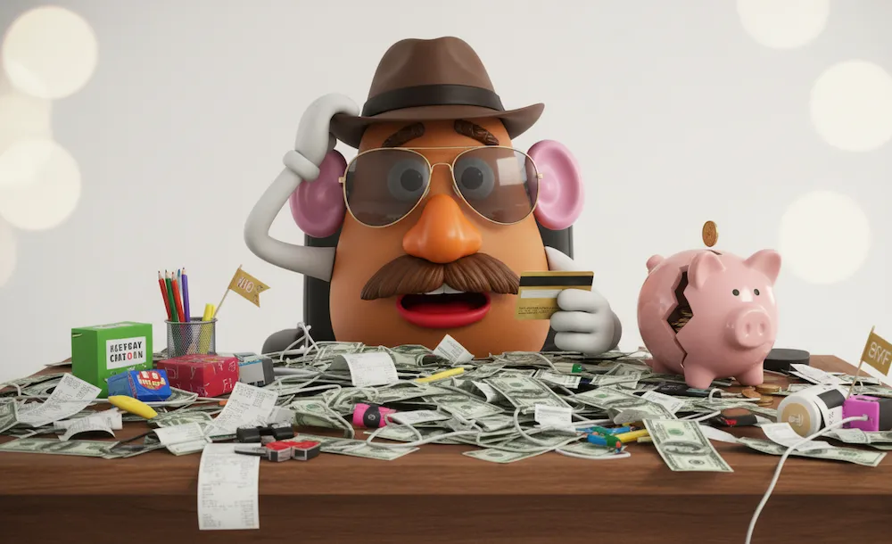 Mr. Potato con mucho dinero sobre la mesa y desorientado